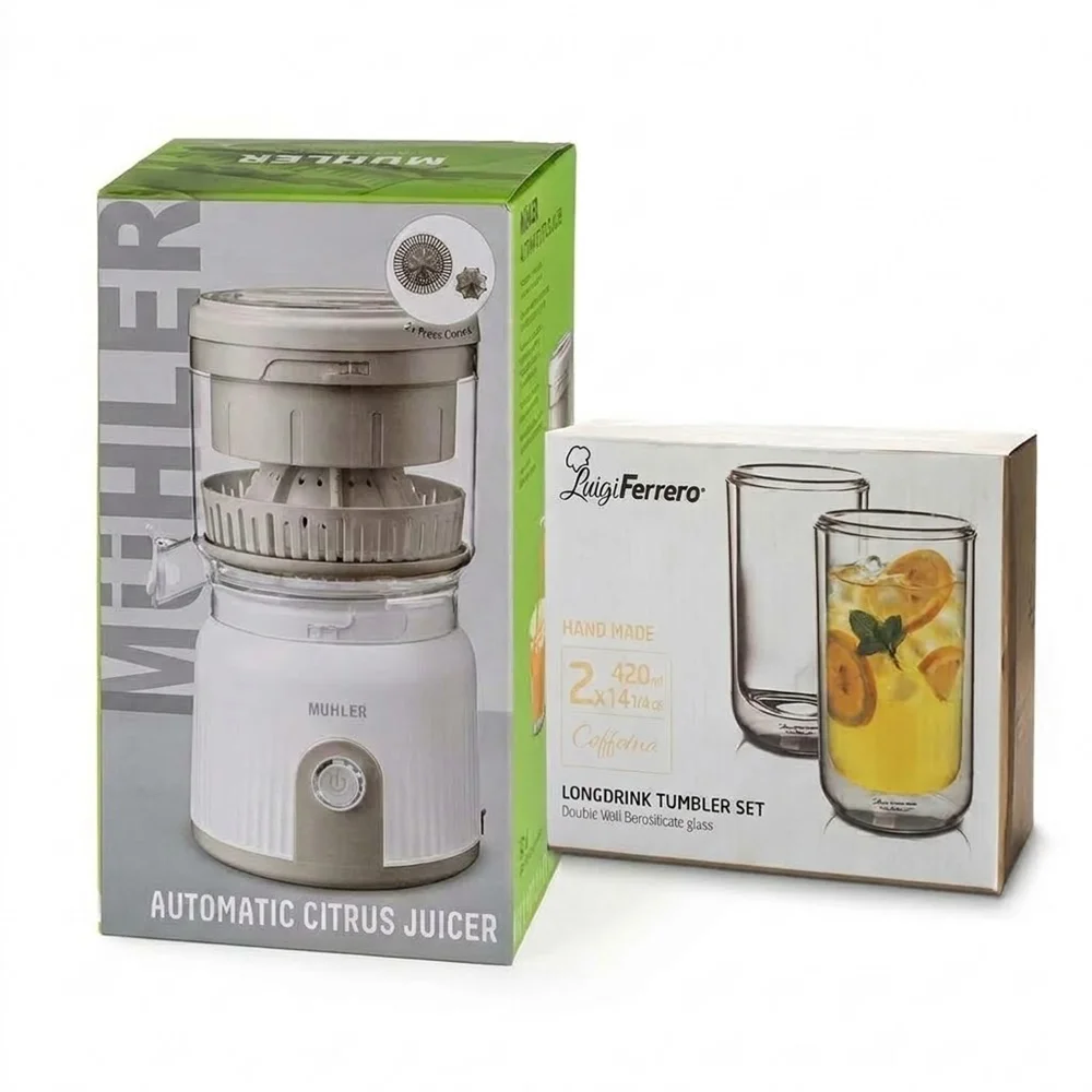 Комплект Цитрус Преса Muhler MJ-9022 + 2х 420ml чаши за студени напитки Luigi Ferrero Coffeina FR-8066