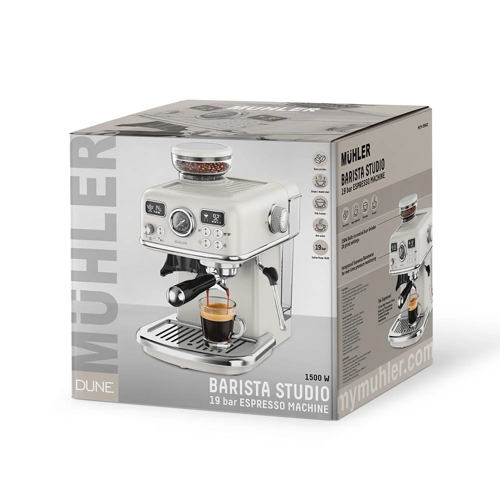 Еспресо машина 2в1 MUHLER MCM-599AZ Dune Barista Studio,19 бара, 1.8 л резервоар,Кафемелачка, LED дисплей