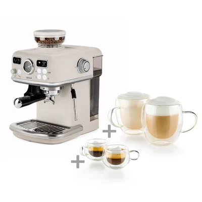 Комплект Еспресо машина 2в1 MUHLER MCM-599AZ Dune + 2х 95ml и 2х 250ml чаши за еспресо и капучино Luigi Ferrero Coffeina