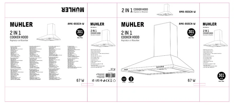 Абсорбатор Muhler AMK-955CH-W БЯЛ, коминен, декоративен, 301.5 м³/ч, 67W