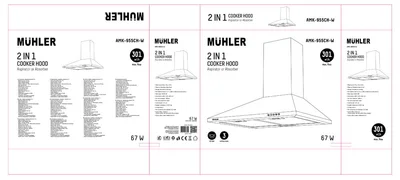 Абсорбатор Muhler AMK-955CH-W БЯЛ, коминен, декоративен, 301.5 м³/ч, 67W