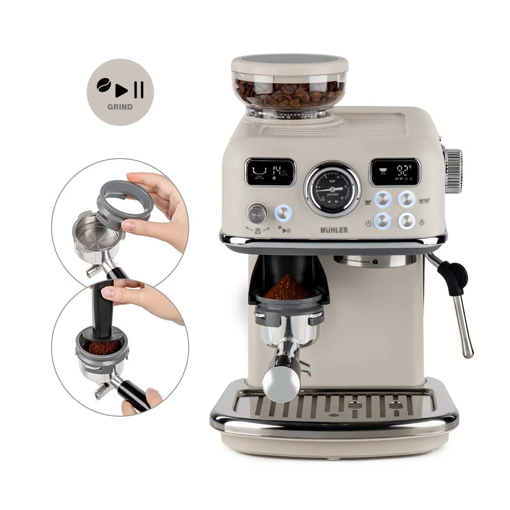 Еспресо машина 2в1 MUHLER MCM-599AZ Dune Barista Studio,19 бара, 1.8 л резервоар,Кафемелачка, LED дисплей