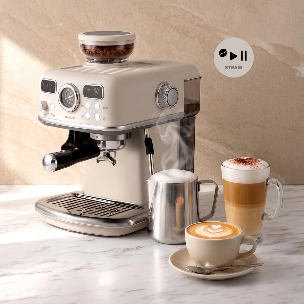 Еспресо машина 2в1 MUHLER MCM-599AZ Dune Barista Studio,19 бара, 1.8 л резервоар,Кафемелачка, LED дисплей