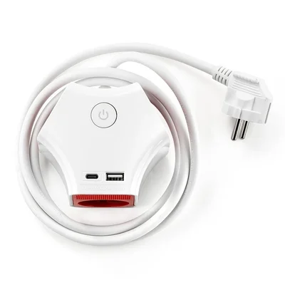 Разклонител с ключ, 3 гнезда, +2X USB порта тип А+C