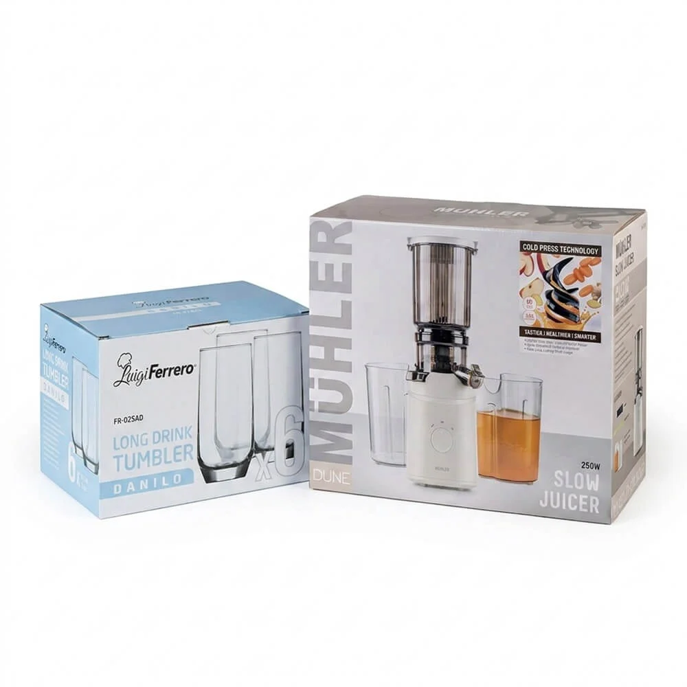 Bundle and Save 35% - Slow-speed juicer Muhler MSJ-250 Dune + 6x Long drink tumbler Luigi Ferrero Danilo 385ml